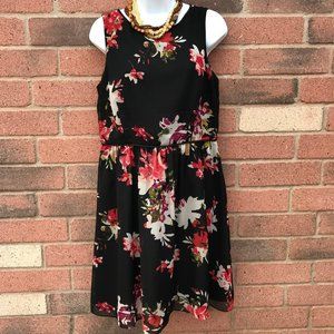 LOFT 8 Pleated Black Chiffon Floral Dress